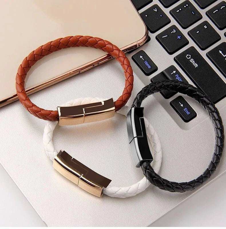 Stylish leather bracelet with built-in charging cable for smartphones and USB-C devices