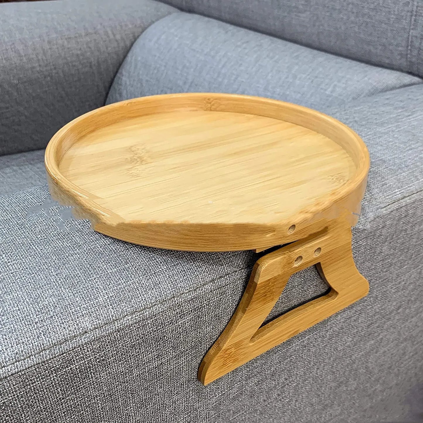 Wooden clip-on sofa tray table with carving design in bamboo colour on armrest