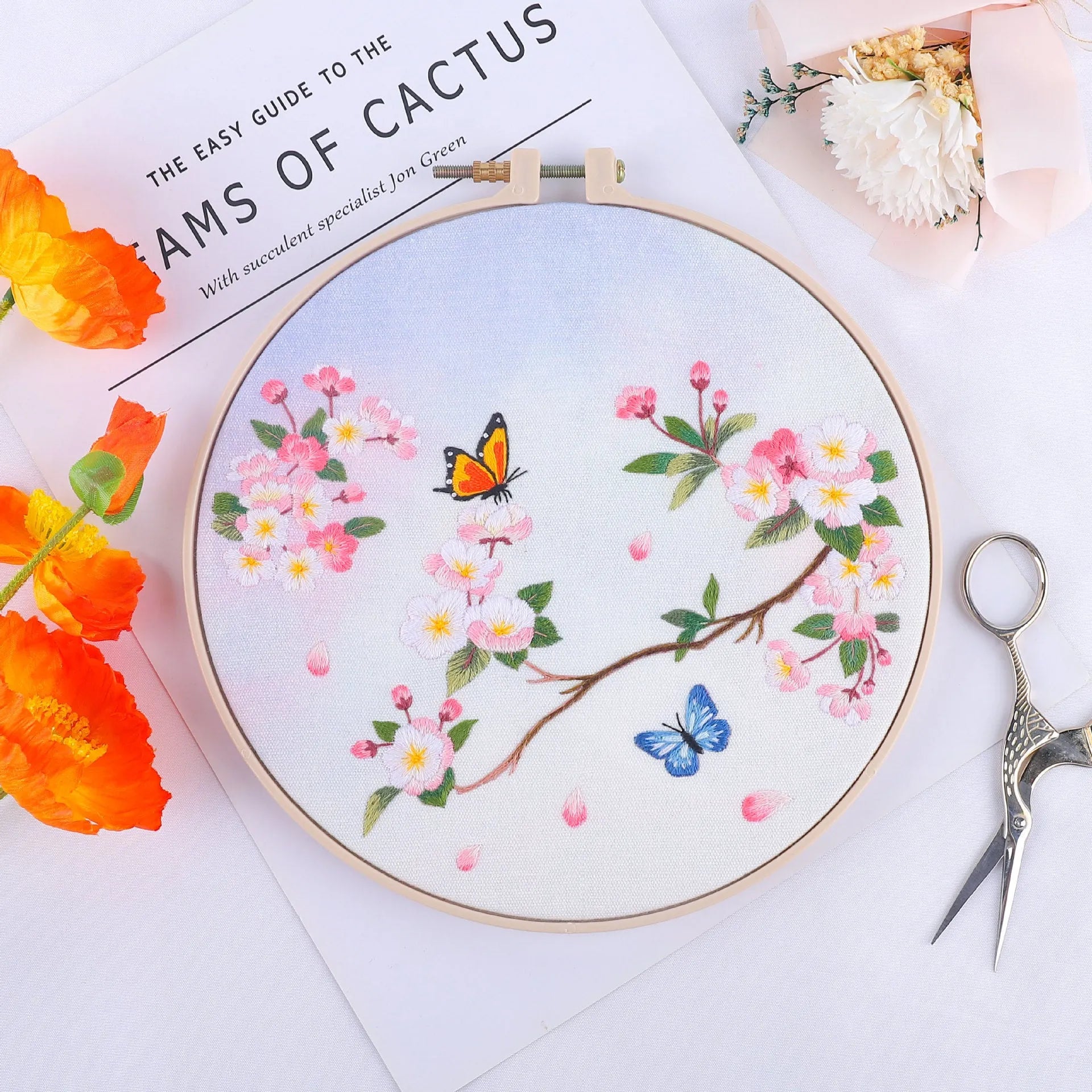 Nordic style grass leaf pattern embroidery kit on canvas fabric with floral colour options
