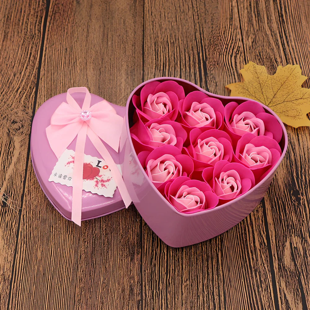 Handmade soap flowers in red heart-shaped tin box measuring 12x12x5cm