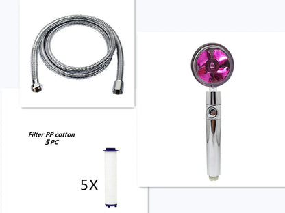 A high-pressure handheld shower head with a turbo-charged water flow and a cotton filter for a luxurious, spa-like bathing experience.