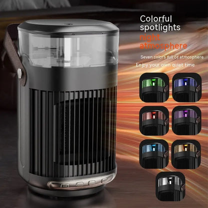 Black portable heater with humidifier measuring 24x13x13cm with front control panel and shaking head mechanism