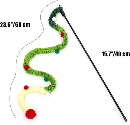 Interactive cat wand toy with plush strip, fluffy ball, and bells on a 41cm pole.