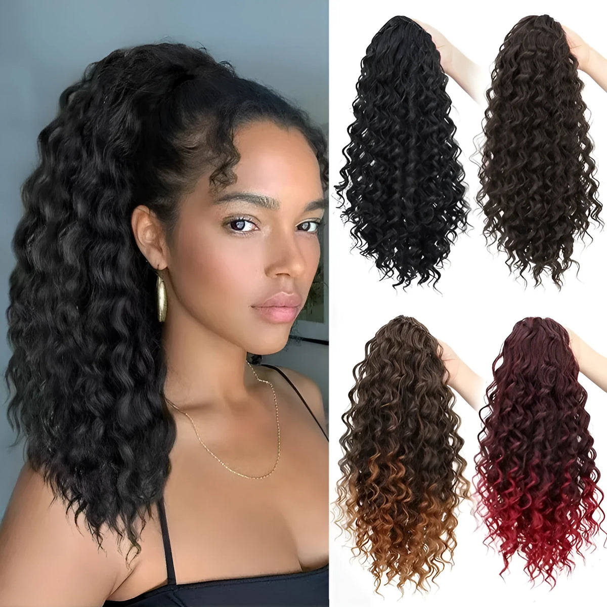 Small curly wave drawstring ponytail wig in gradient brown shades on display