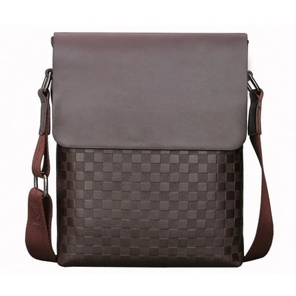Men's PU leather crossbody messenger bag, plaid pattern, black or dark brown, 20cm x 24cm x 6cm