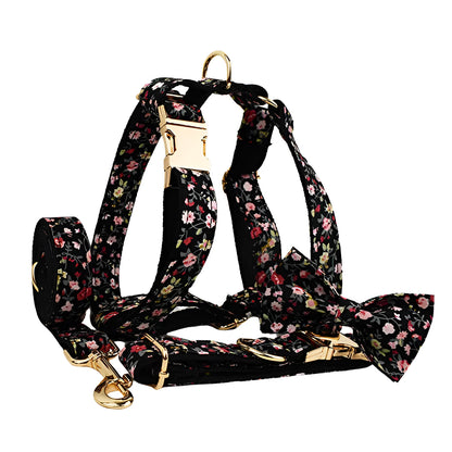 Four-piece dog accessory set showing a cloth collar, leash, vest, and removable bow with printed lettering.