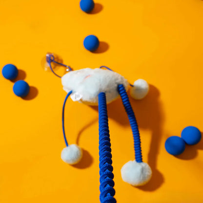 Blue telescopic cat toy with elastic rope, 30cm plush ring, and mint bell