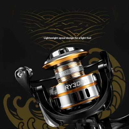 Spinning fishing reel with metal body, no-gap spool design, and black EVA grip handle.