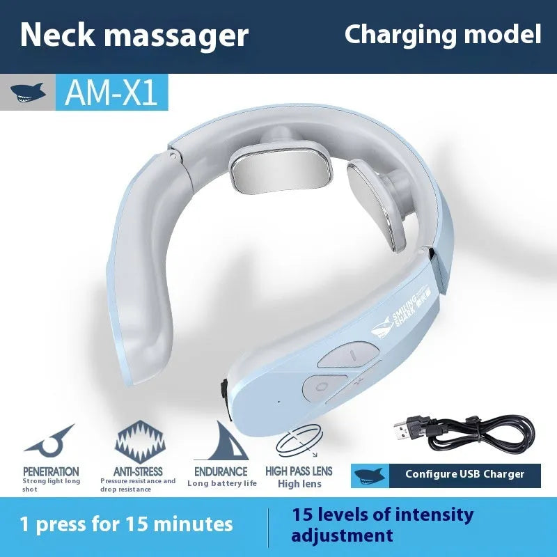 Lake blue electric neck massager with EMS pulse therapy and heating function
