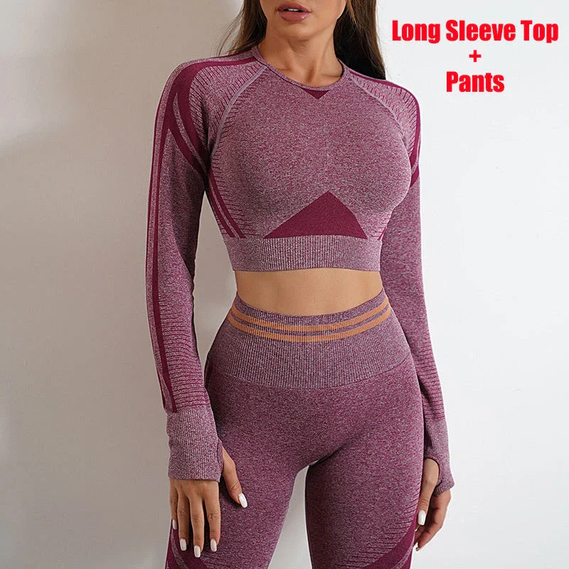 Seamless yoga leggings and long sleeve workout tops in various colors and styles