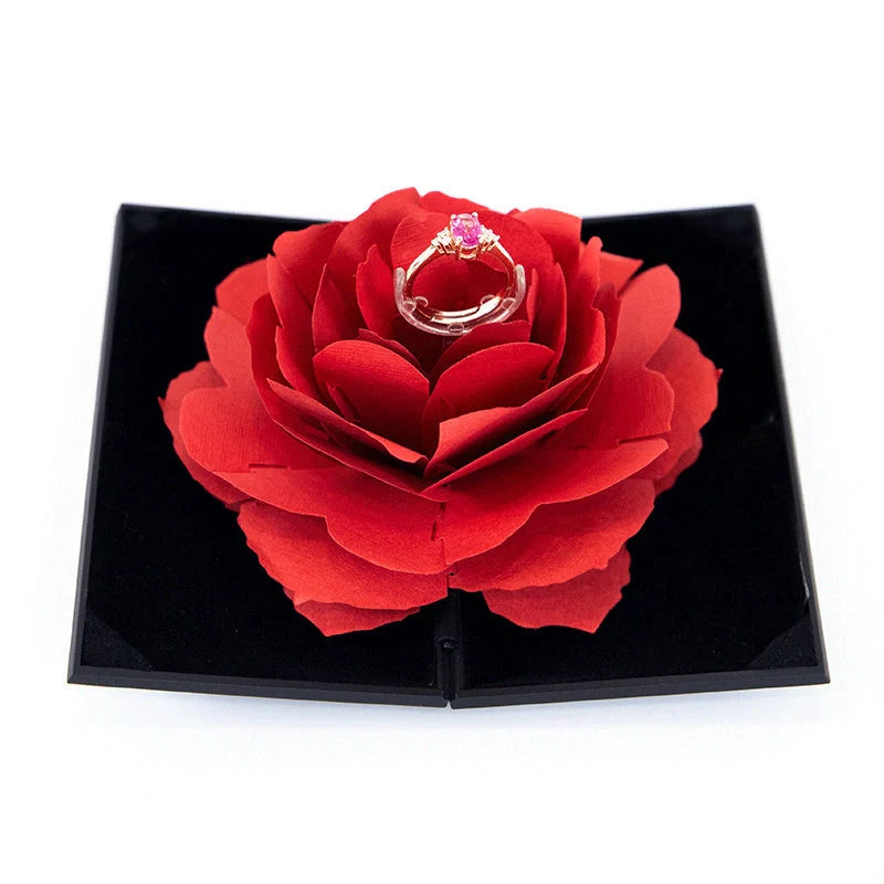 Heart-shaped 3D Love Box with rotating rose flower for ring display in red and pink