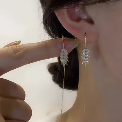 Gold wheat tassel ear string earrings made from copper, women's hanging drop earrings in fashion OL style
