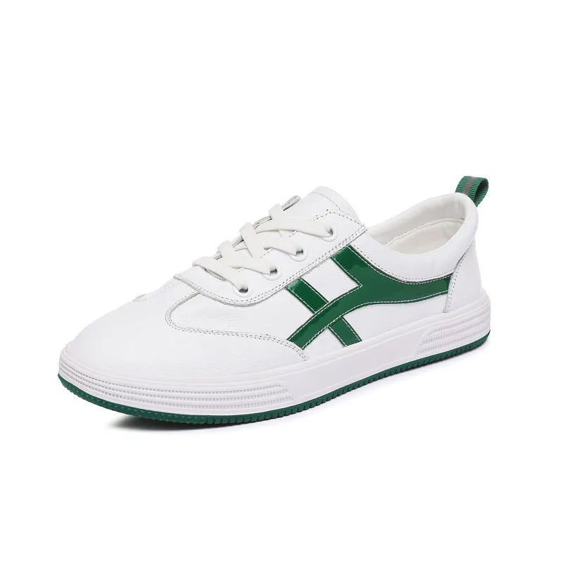 Cowhide leather casual sneakers with elastic band wearing in black or white colours, low top design with round toe