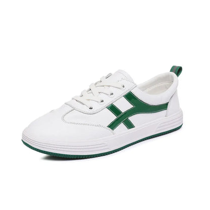 Cowhide leather casual sneakers with elastic band wearing in black or white colours, low top design with round toe