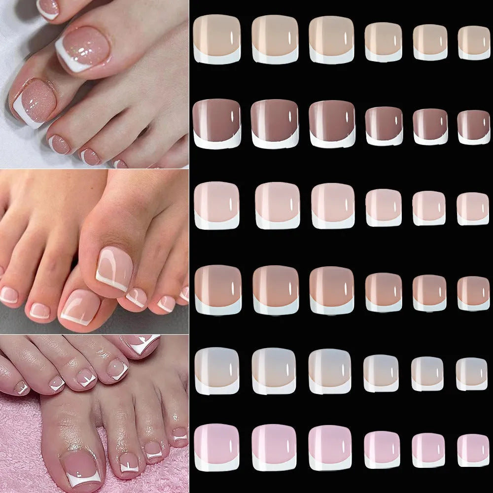 120-piece French white edge toenail pieces in nine natural nude shades, full square short shape for easy application