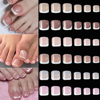 120-piece French white edge toenail pieces in nine natural nude shades, full square short shape for easy application