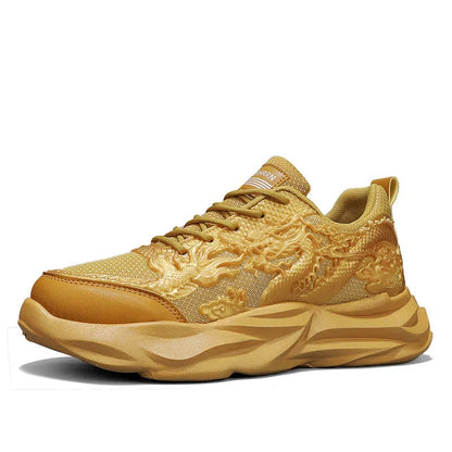 Casual sneakers with Chinese dragon patterns in white jade, golden and dark night designs, rubber soles