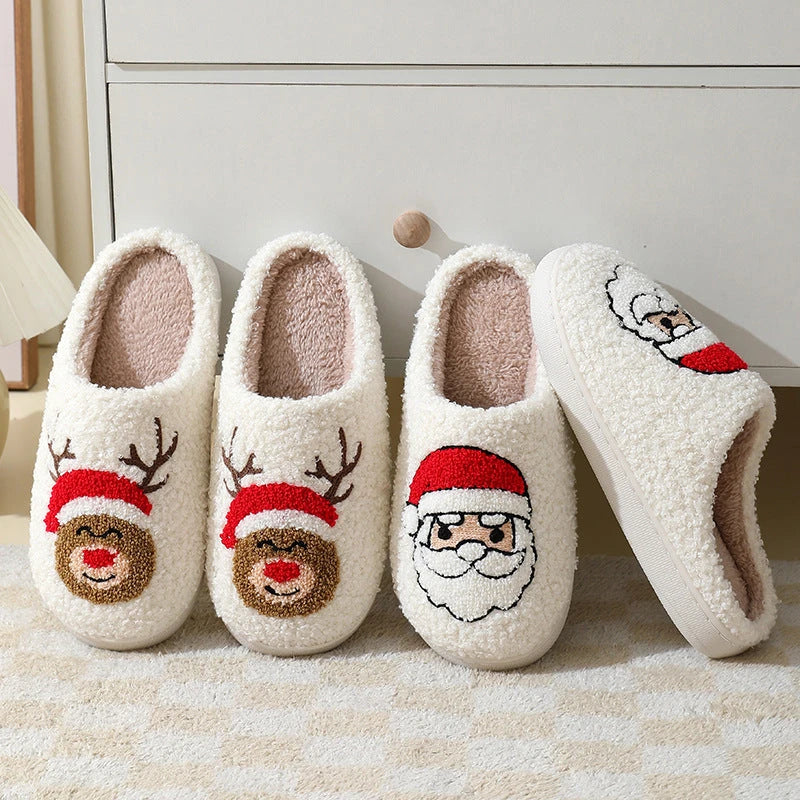 Cozy Christmas Home Slippers with Cute Santa Claus, Moose, and Gingerbread Man Designs