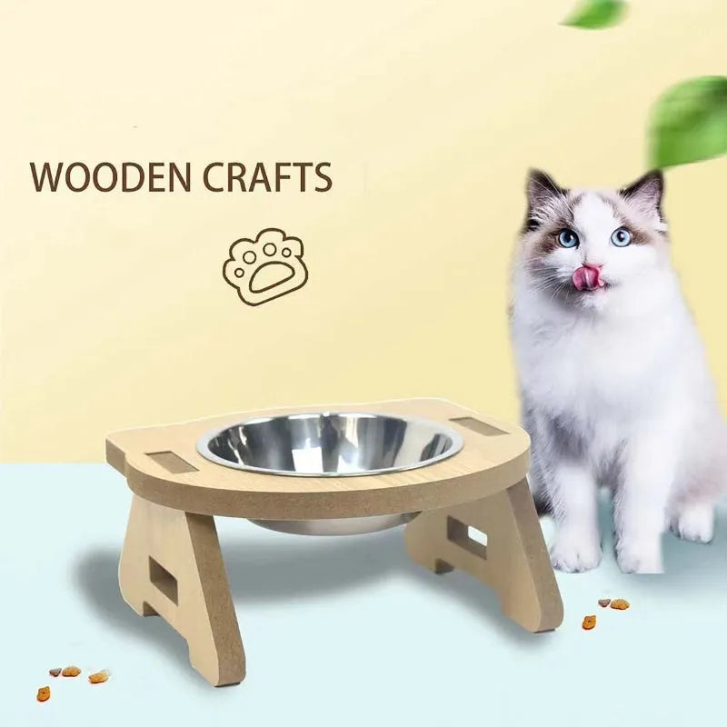 Cat bowl water and food all-in-one feeder with stainless steel bowls, wooden base, anti-overturning design and neck protection for comfortable pet dining, available in large or small size.