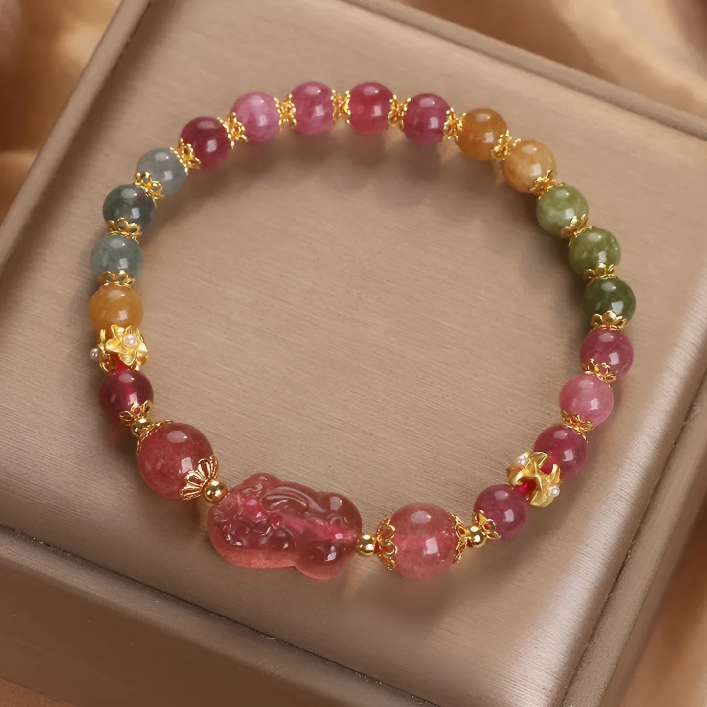 Women's pink and red crystal bracelet with strawberry quartz and tourmaline beads