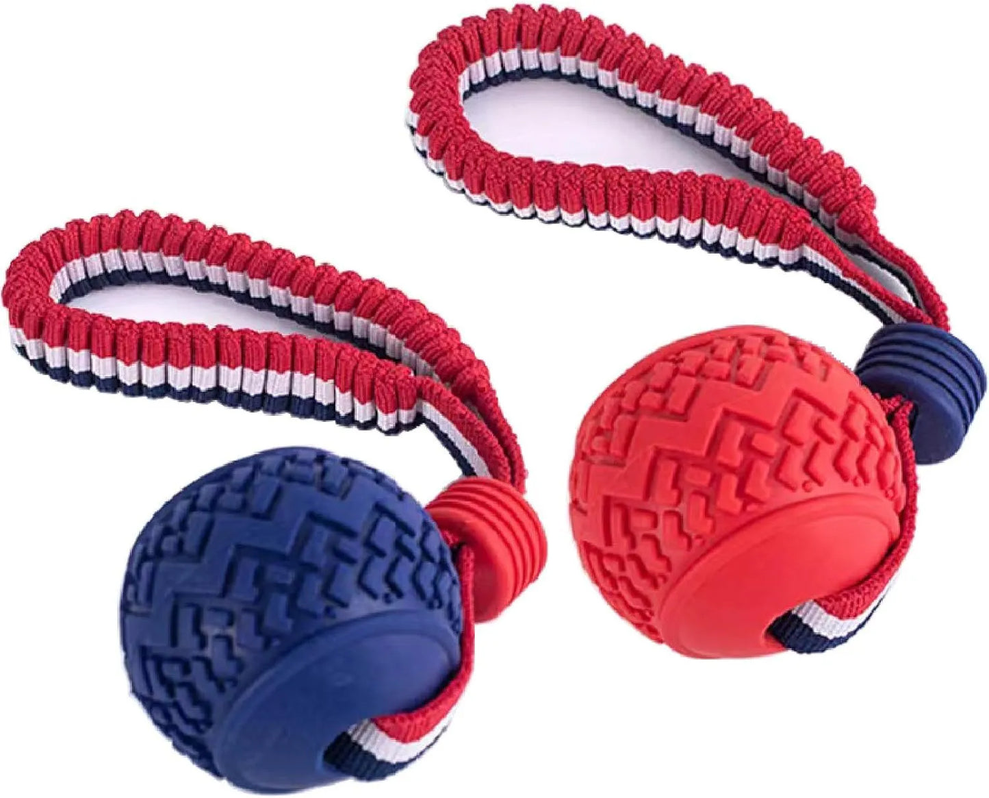 Blue dog ball with rope toy showing 6.5cm diameter textured rubber ball on 29cm rope for dental cleaning and tug-of-war