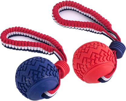 Blue dog ball with rope toy showing 6.5cm diameter textured rubber ball on 29cm rope for dental cleaning and tug-of-war
