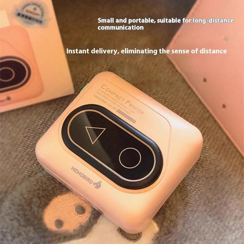 Bluetooth mini printer for mobile photo printing with thermal paper, pocket-sized design at 87 x 79 x 39 mm, suitable for text, labels, and business or promotional gifting, available in avocado green, pink, small yellow duck, and white.