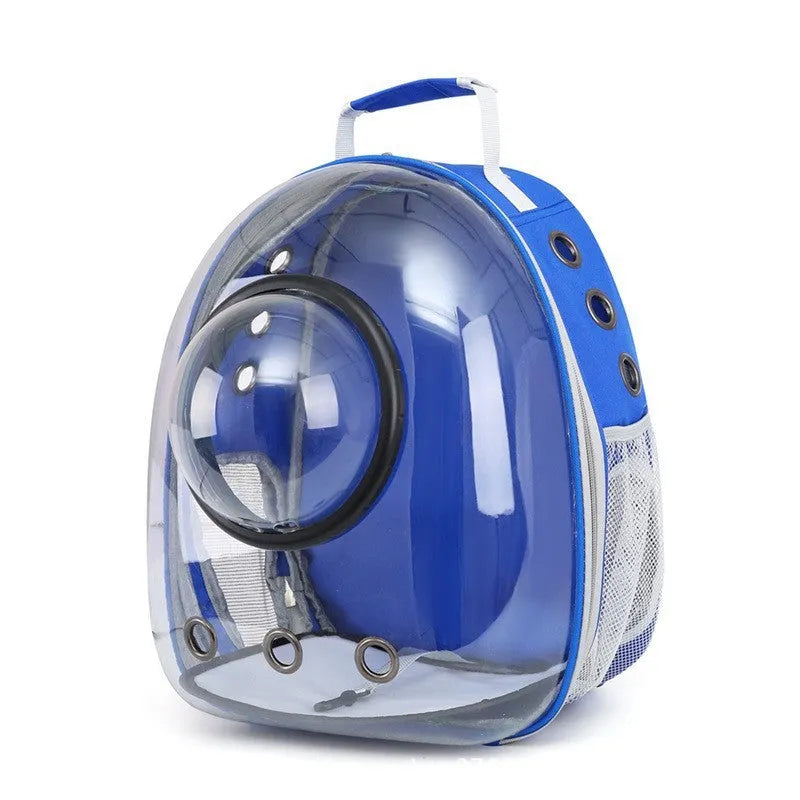 Grey PC plastic side opening pet carrier backpack for cats on a white background.
