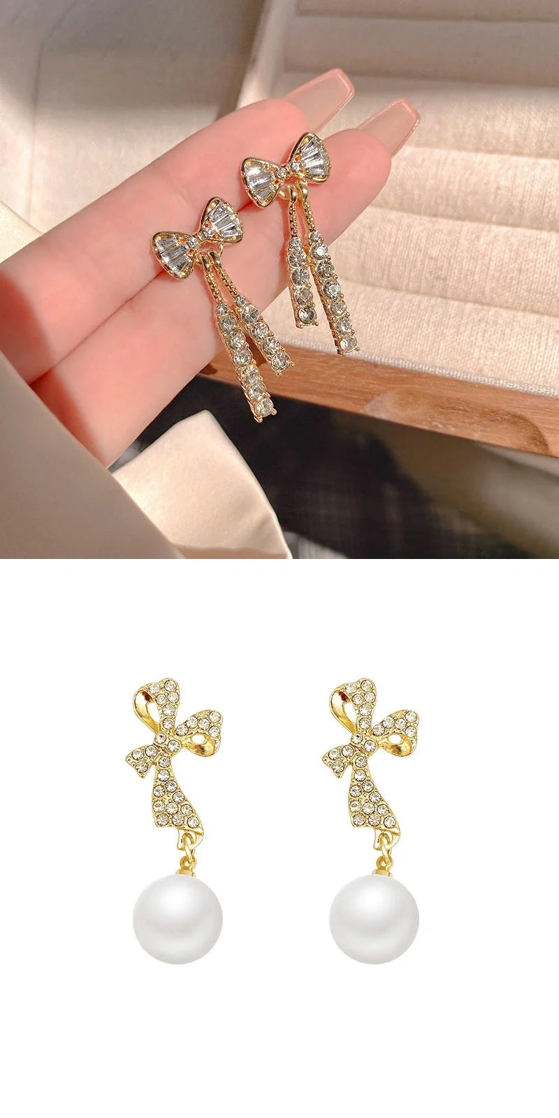 Elegant gold bow diamond crystal earrings for women, perfect for adding a touch of glamour to any outfit.