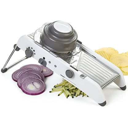 White kitchen vegetable slicer with stainless steel blades and adjustable thickness settings