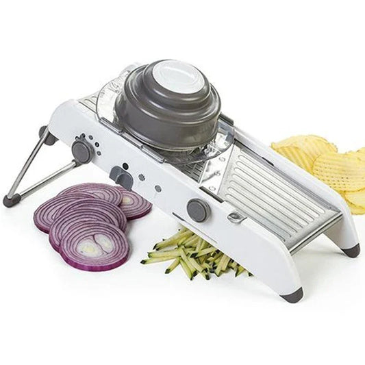 Versatile vegetable slicer with adjustable thickness settings, shredding blades, and waffle cutting option