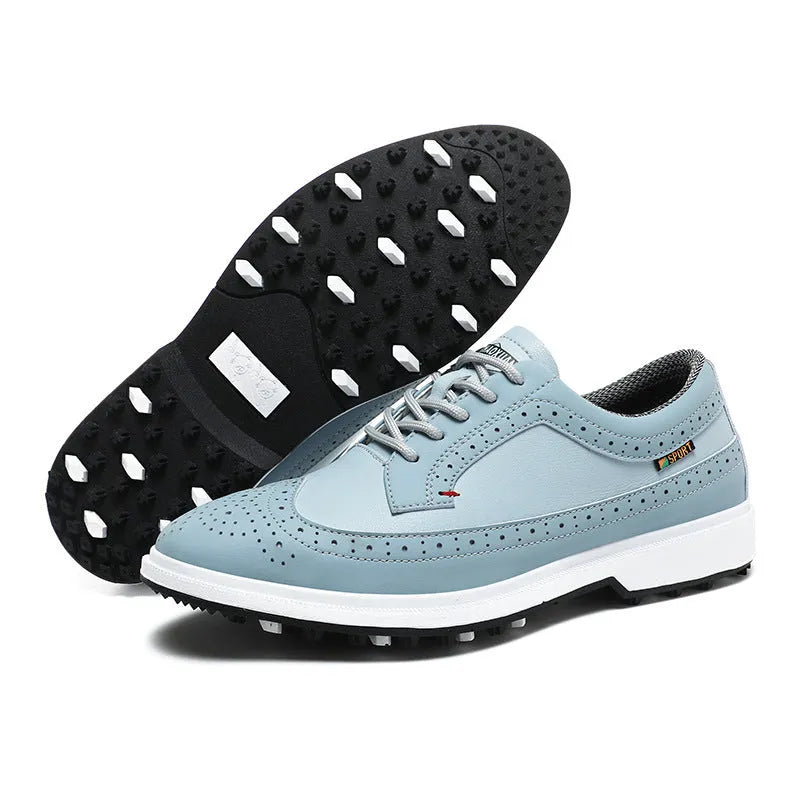 Men's lightweight golf shoe in lake blue with genuine leather upper and non-slip rubber sole.