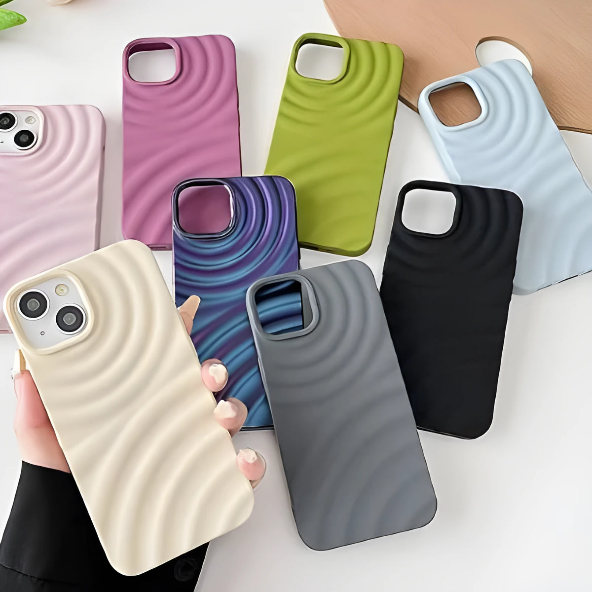Water ripple TPU iPhone case with corrugated texture, anti-fall cover in black, white, purple, grey, blue, pink or green