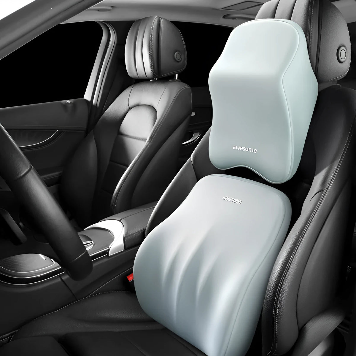 Geometric pattern car memory foam pillow set showing big headrest and big waist rest cushions.