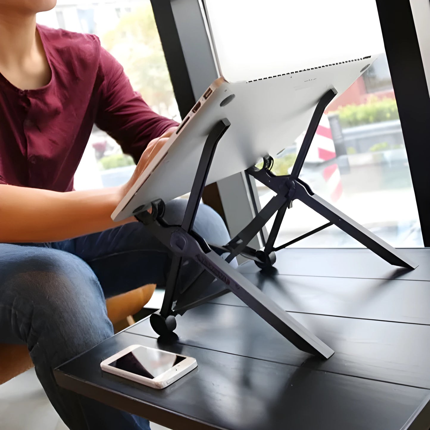 Portable folding computer bracket in sagacious black with lifting mechanism and carrying case