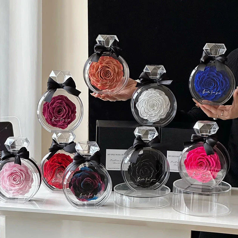 Preserved dried rose floral ornaments in a transparent display, available in various colors for home decor and special occasions