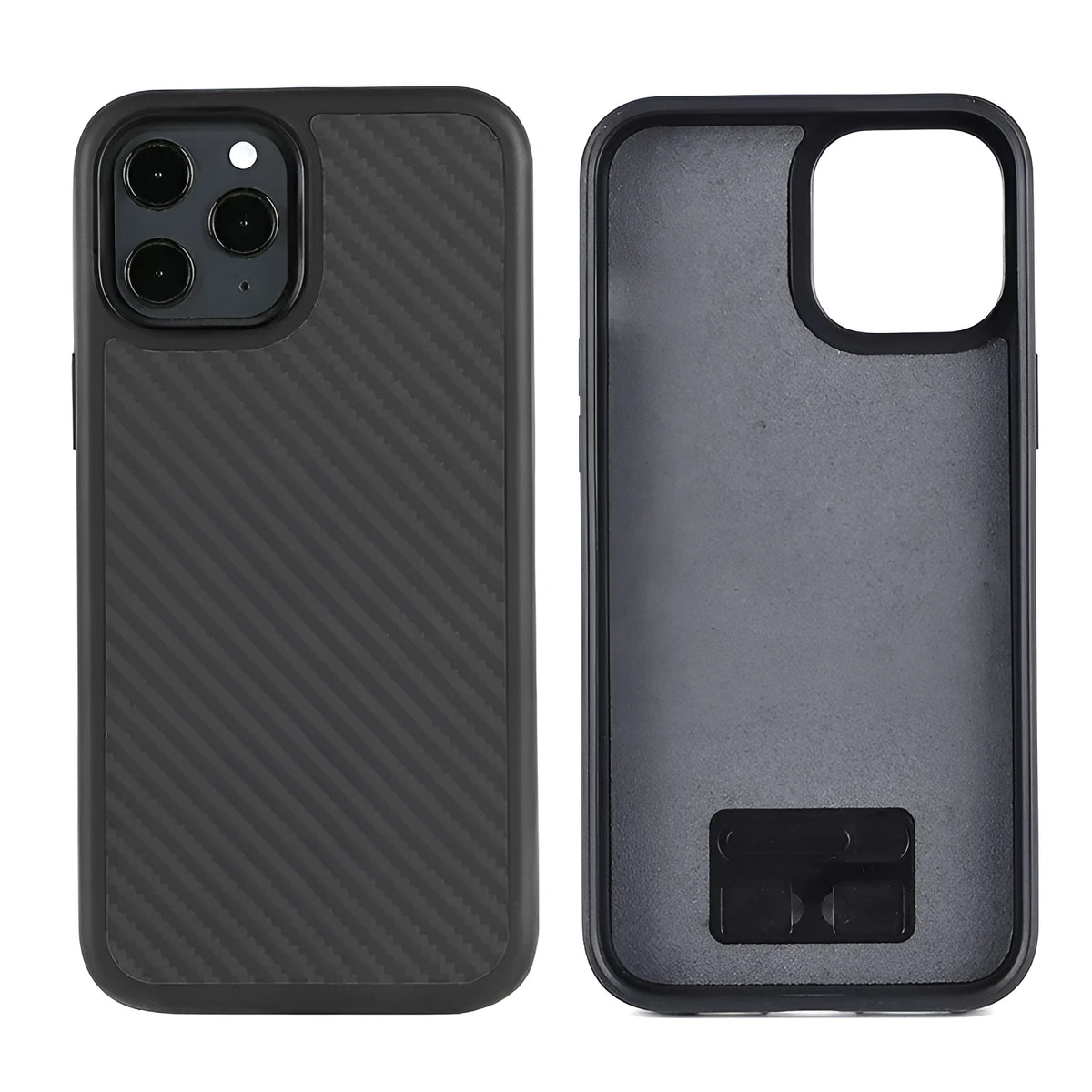 Black solid colour wooden iPhone case with TPU and Kevlar construction on a table.