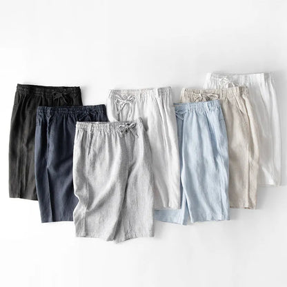 Men's loose-fit linen capri pants in a straight-leg style on a white background