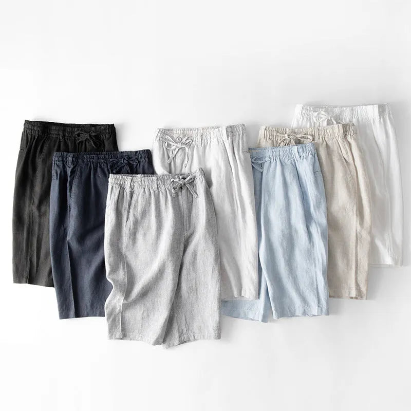 Men's casual linen capri pants with loose straight-leg fit, ideal for beachwear and summer casual wear in black, dark blue, gray, light gray, linen colour, sky blue, or white, available in sizes S M L XL XXL