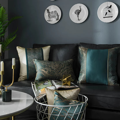 Corrugated stripe and diamond pattern cushion covers in green, blue, grey, and beige colours.
