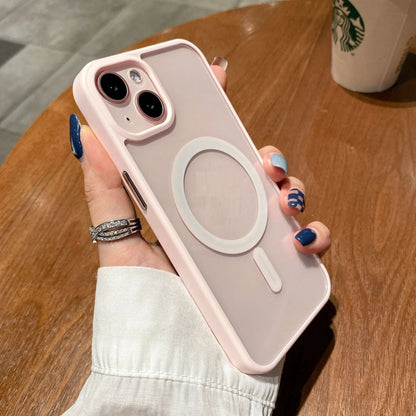 Clear acrylic MagSafe phone case for iPhone showing magnetic ring, displayed in pink, blue, white, black, and navy blue colour options.