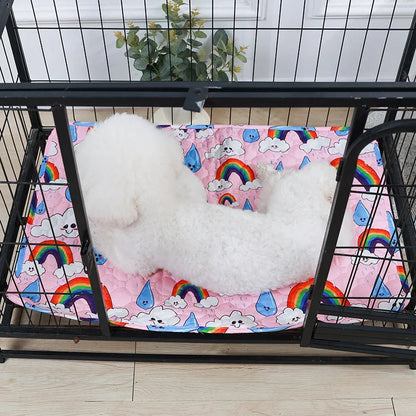 Reusable washable pet urine pad showing colourful animal pattern and waterproof backing.