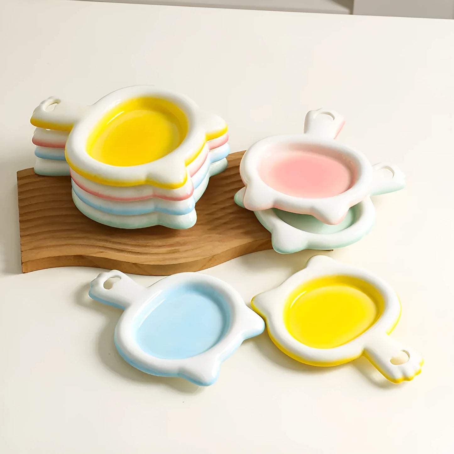 Ceramic cat bowl with shallow design in blue, green, pink, or yellow colour options