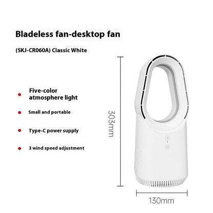 White bladeless tower floor fan with remote control and touch buttons on a desk.