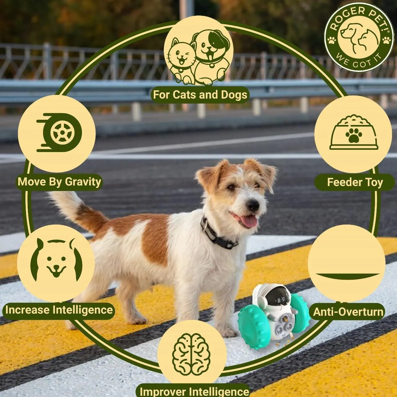 A black, robot-shaped treat dispenser toy for dogs and cats on a wooden floor, showing its size and rolling design.