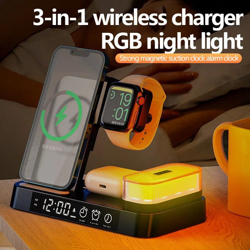 White 4-in-1 wireless charger station with foldable stand, alarm clock display, and Apple Watch charger