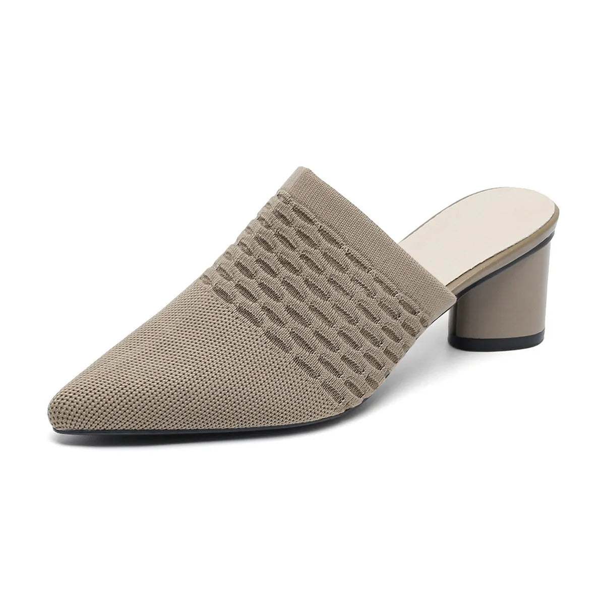 Women's black pointed toe sandals with a fabric upper and a 5cm chunky rubber heel