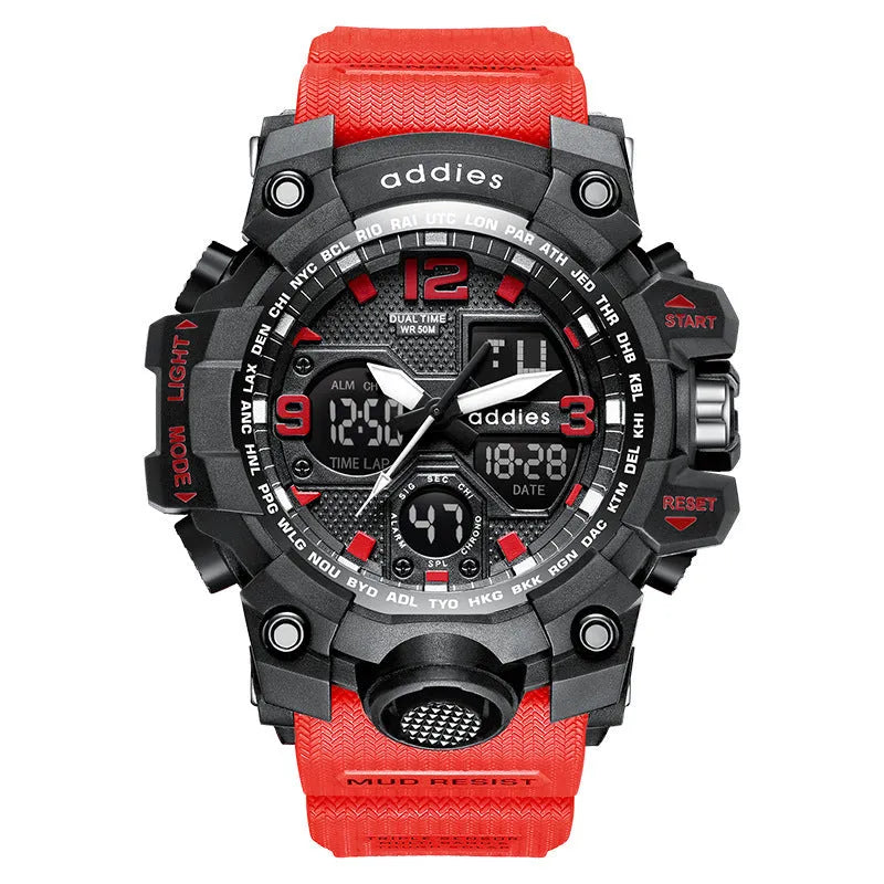 Electronic sports watch with dual analogue and digital display, plastic case, 50m waterproof, multiple colour options