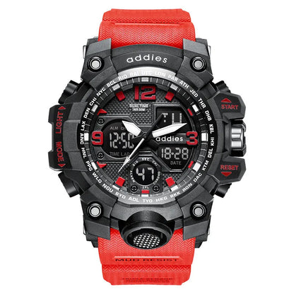 Electronic sports watch with dual analogue and digital display, plastic case, 50m waterproof, multiple colour options