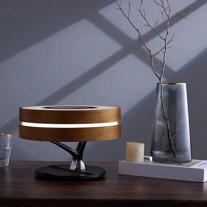 Round maple ABS+PC bed lamp with Bluetooth speaker, wireless charging, and circular tree LED light, 300 x 300 x 215mm